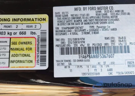 2015 Ford Mustang V6 from USA, damaged, VIN 1FA6P8AM8F5367607